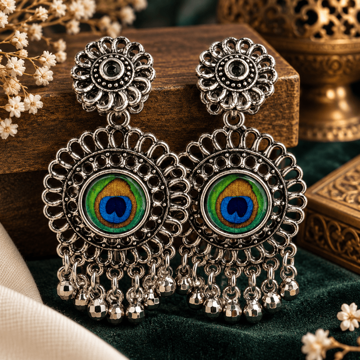 Elegant Peacock Eye Oxidised Silver Jhumka Earrings for Women & Girls