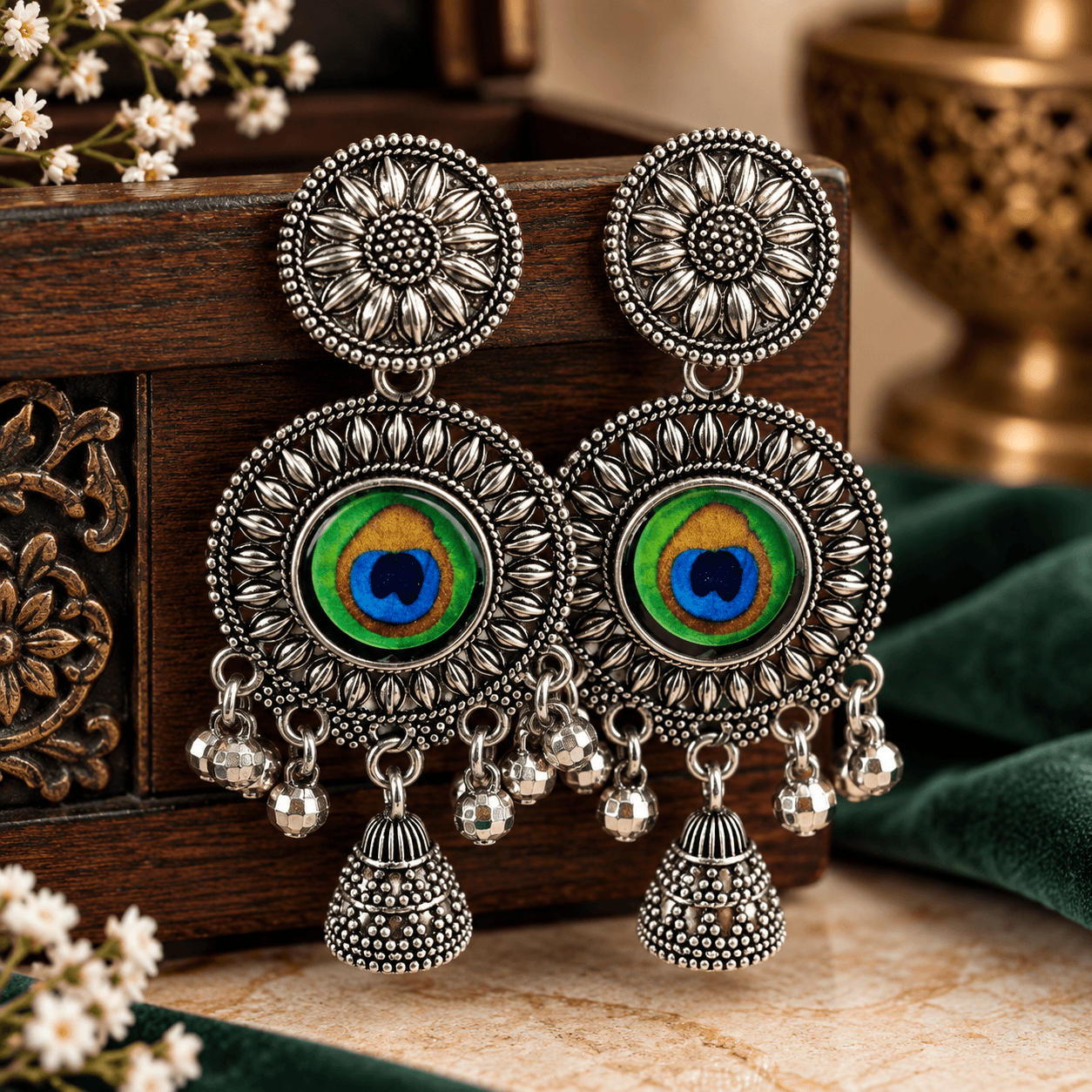 Elegant Peacock Eye Oxidised Silver Jhumka Earrings for Women