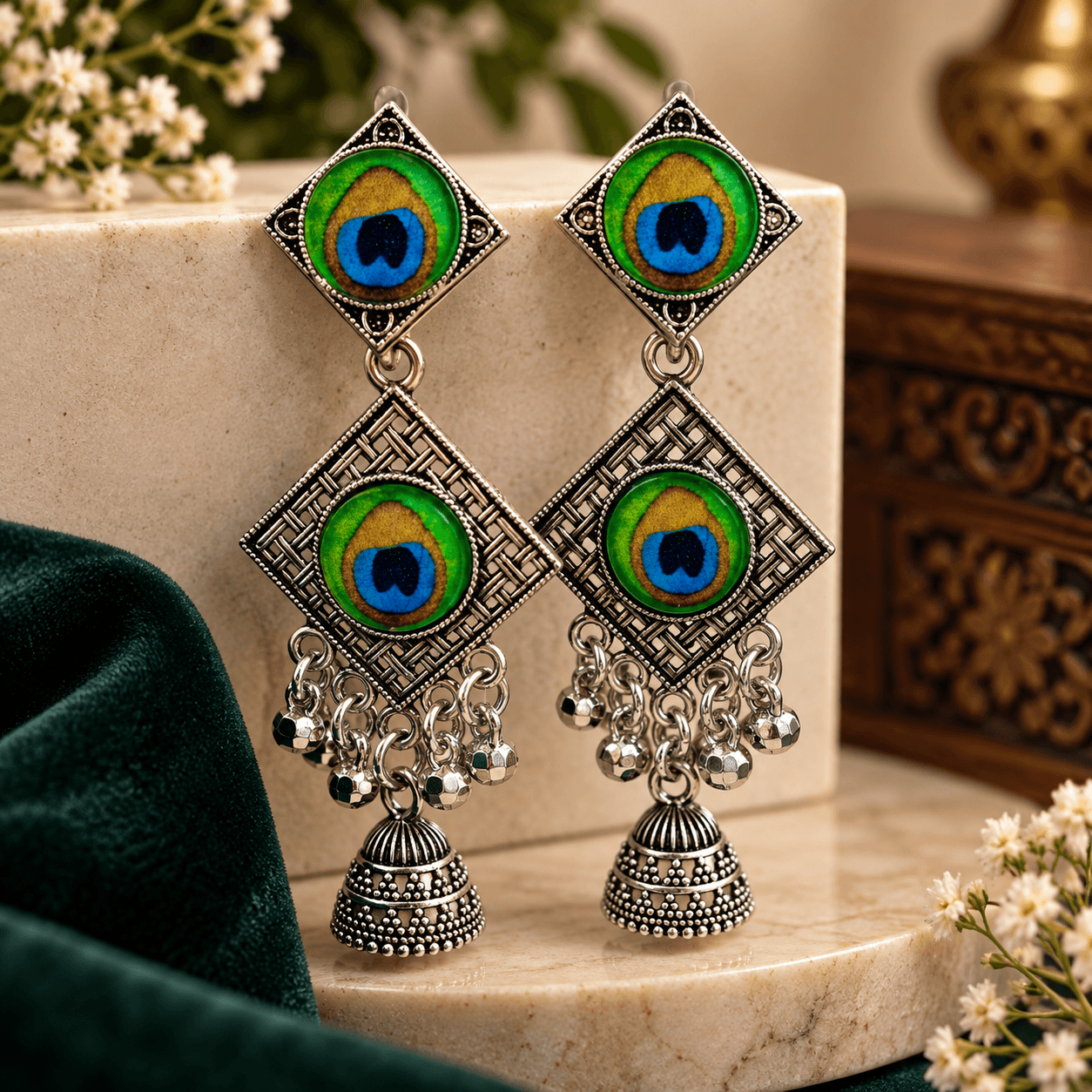 Peacock Eye Oxidised Silver Jhumka Earrings for Women
