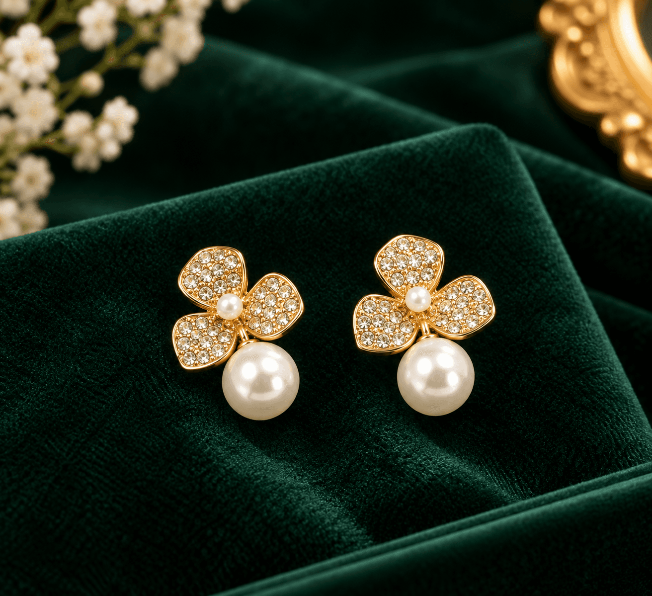 Elegant Pearl & Crystal Floral Drop Earrings for Women | Gold-Tone Fashion Jewellery