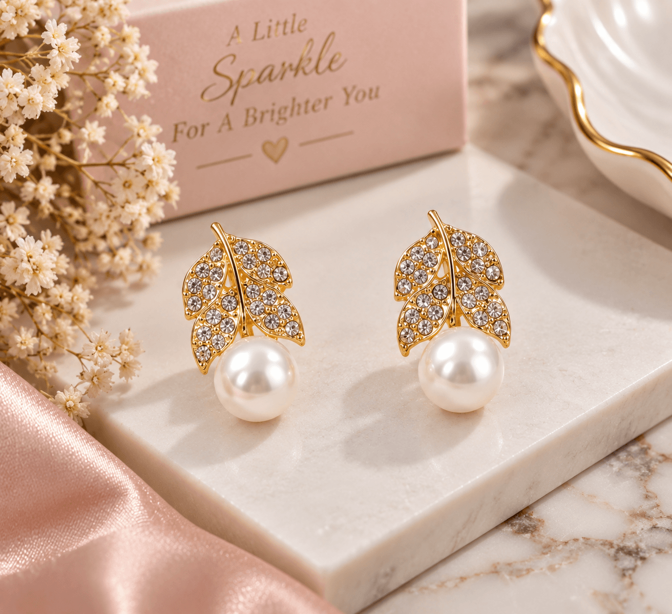 Elegant Crystal Leaf & Pearl Drop Earrings for Women | Gold-Tone Fashion Jewellery