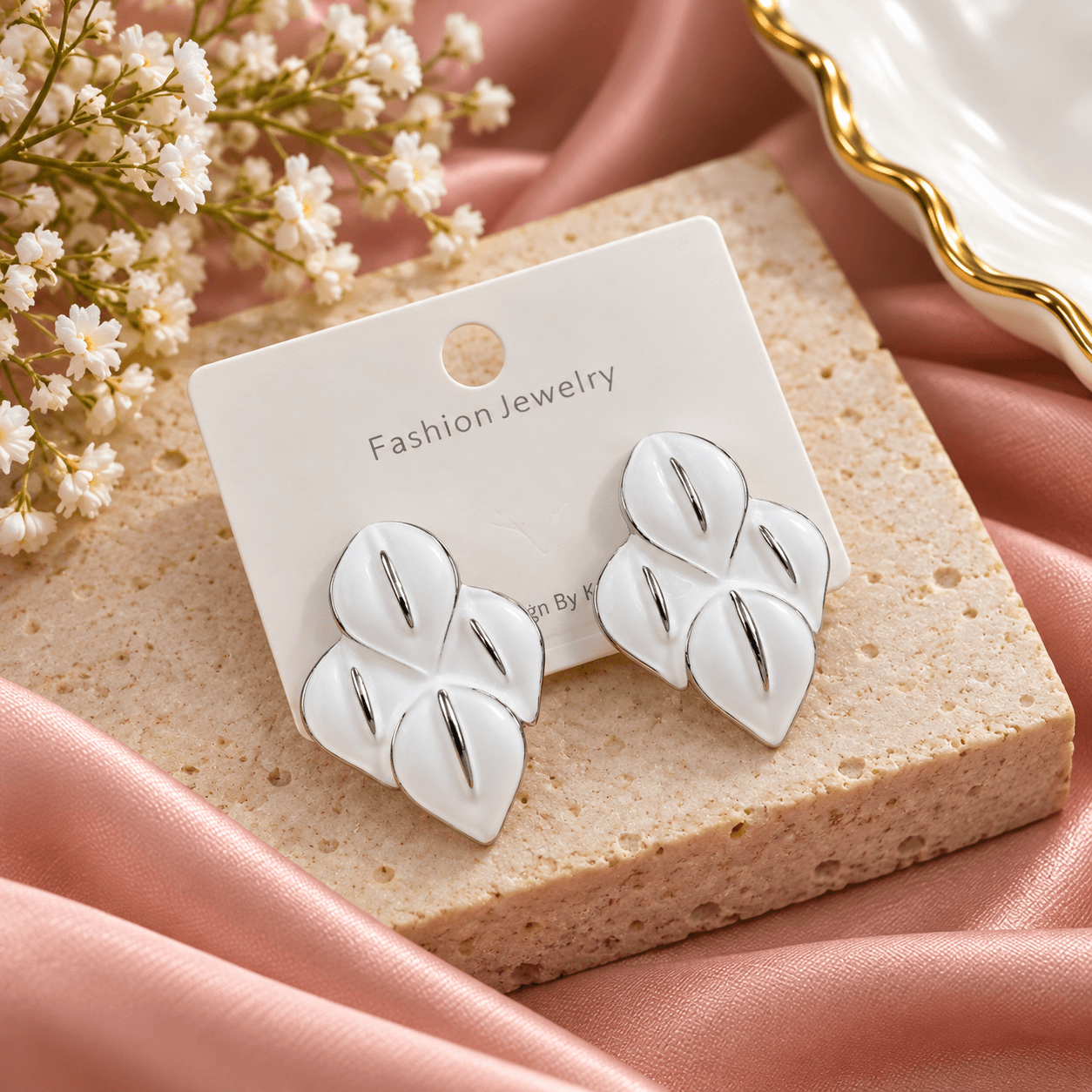 Elegant White Floral Stud Earrings for Women | Silver-Tone Leaf Design Fashion Jewellery