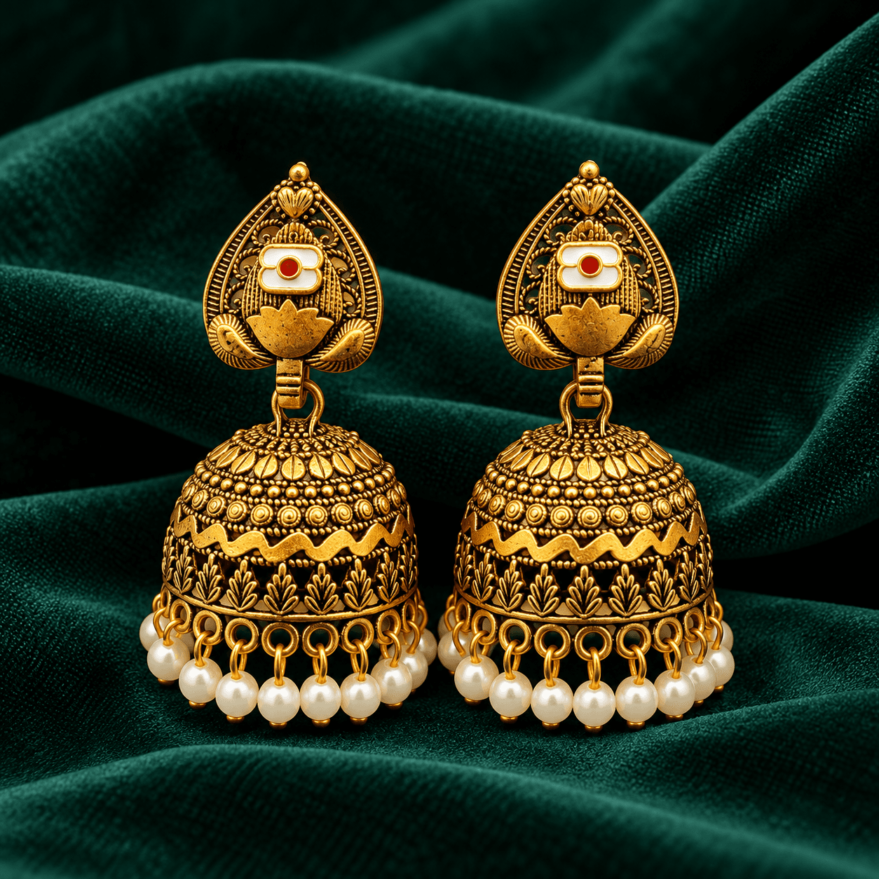 Elegant Antique Gold Jhumka Earrings for Women | Pearl Temple-Style Statement Jewellery