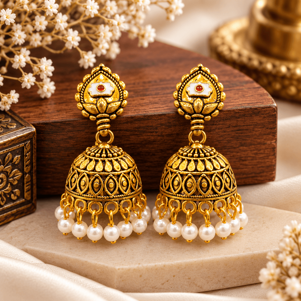 Elegant Antique Gold Jhumka Earrings for Women | Traditional Pearl Drop Statement Jewellery