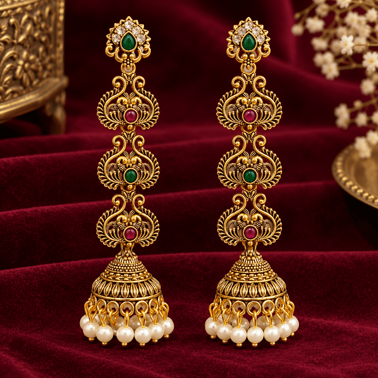 Elegant Green & Red Stone Long Jhumka Earrings for Women | Traditional Gold-Tone Ethnic Jewellery