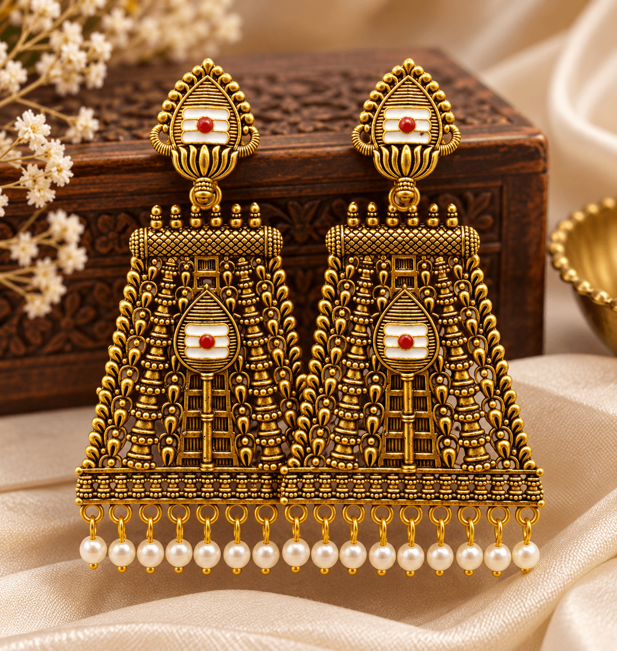 Elegant Temple Style Gold-Tone Jhumka Earrings for Women | Traditional Pearl Drop Jewellery