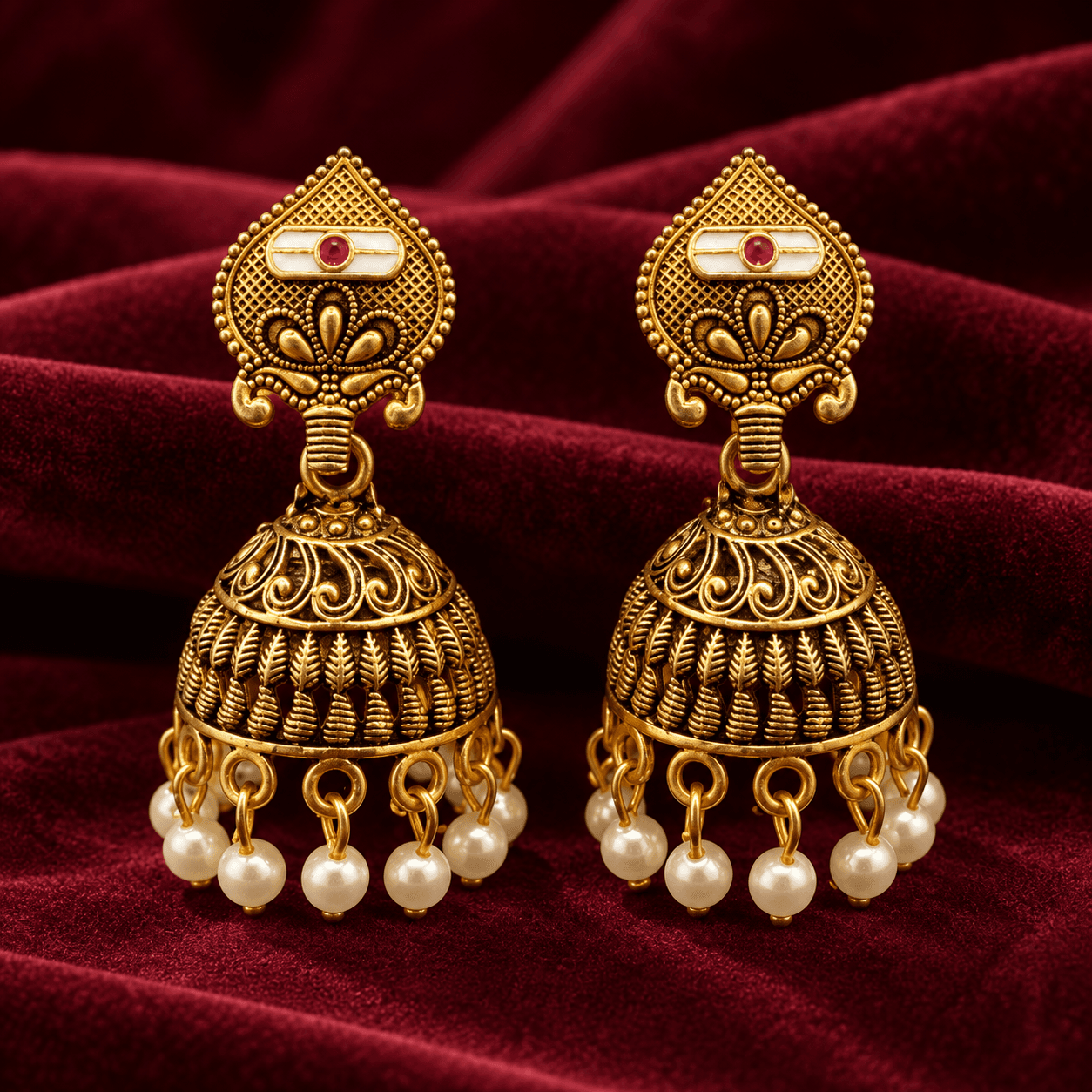 Elegant Antique Gold-Tone Jhumka Earrings for Women | Traditional Pearl Drop Ethnic Jewellery