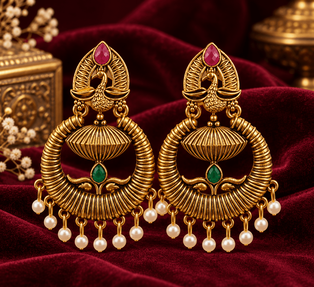 Elegant Peacock Jhumka Earrings for Women | Antique Gold-Tone Traditional Pearl Drop Jewellery