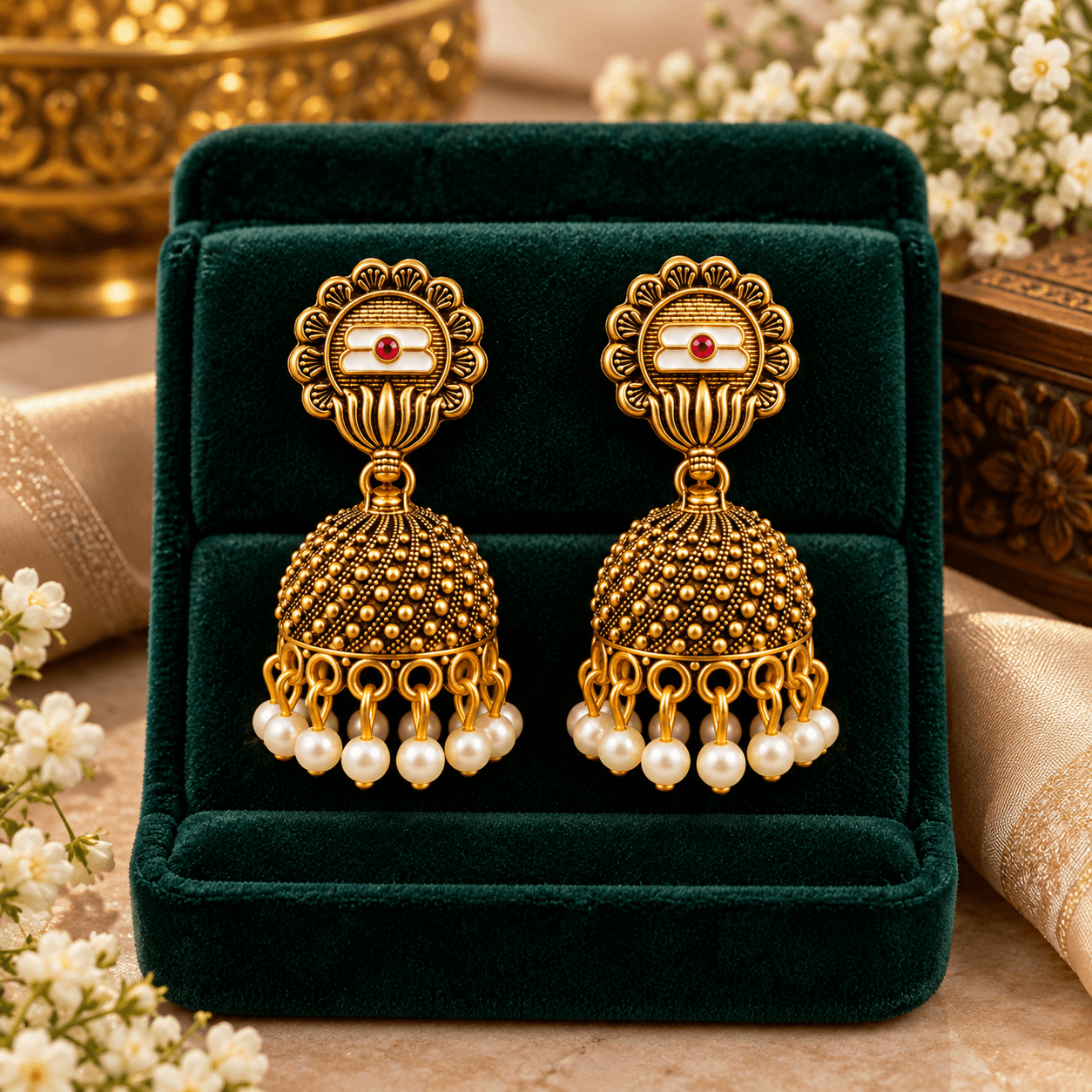 Traditional Gold-Tone Jhumka Earrings with Red Stone & Pearl Drops