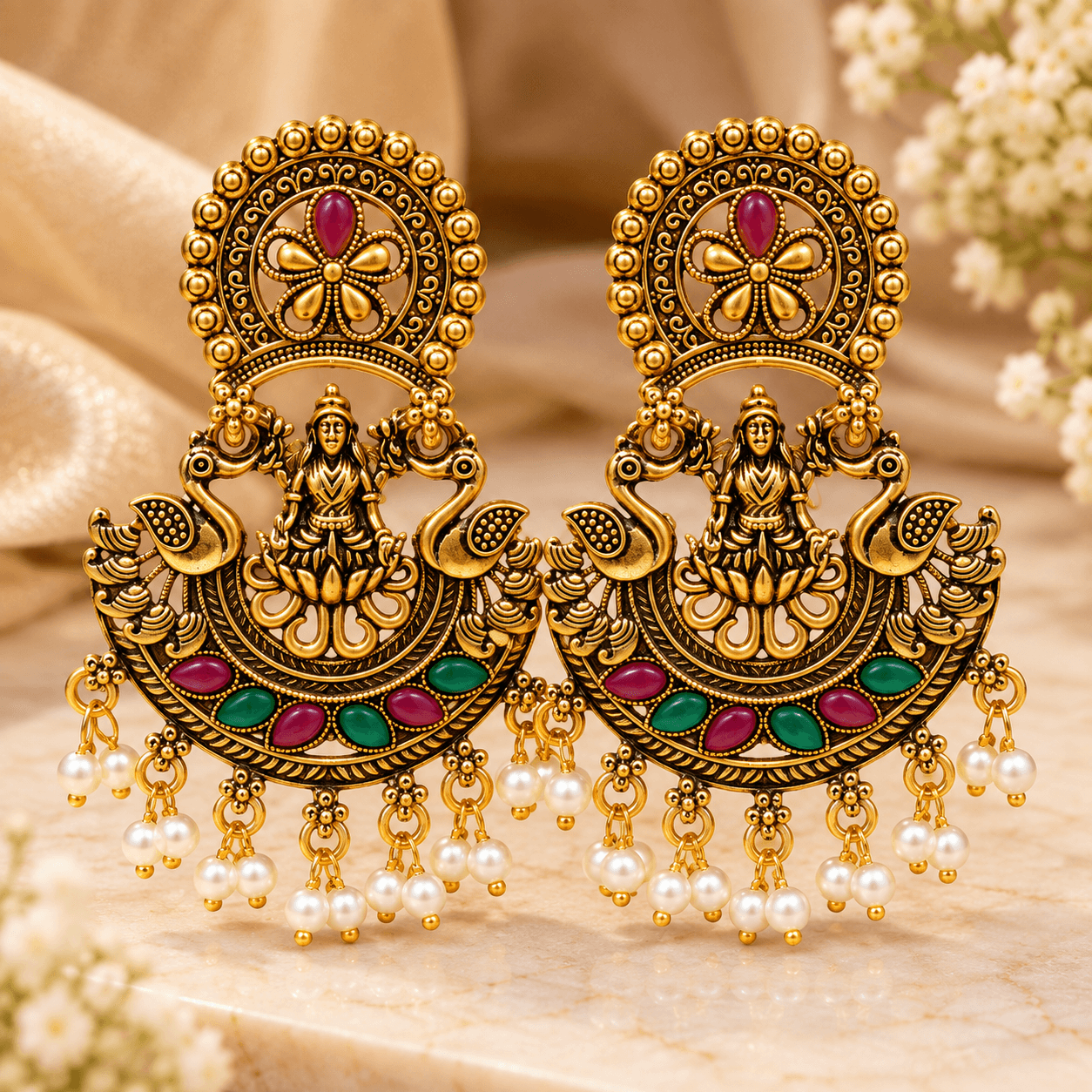 Traditional Gold-Tone Temple Jhumka Earrings with Multicolor Stones & Pearl Drops for Women