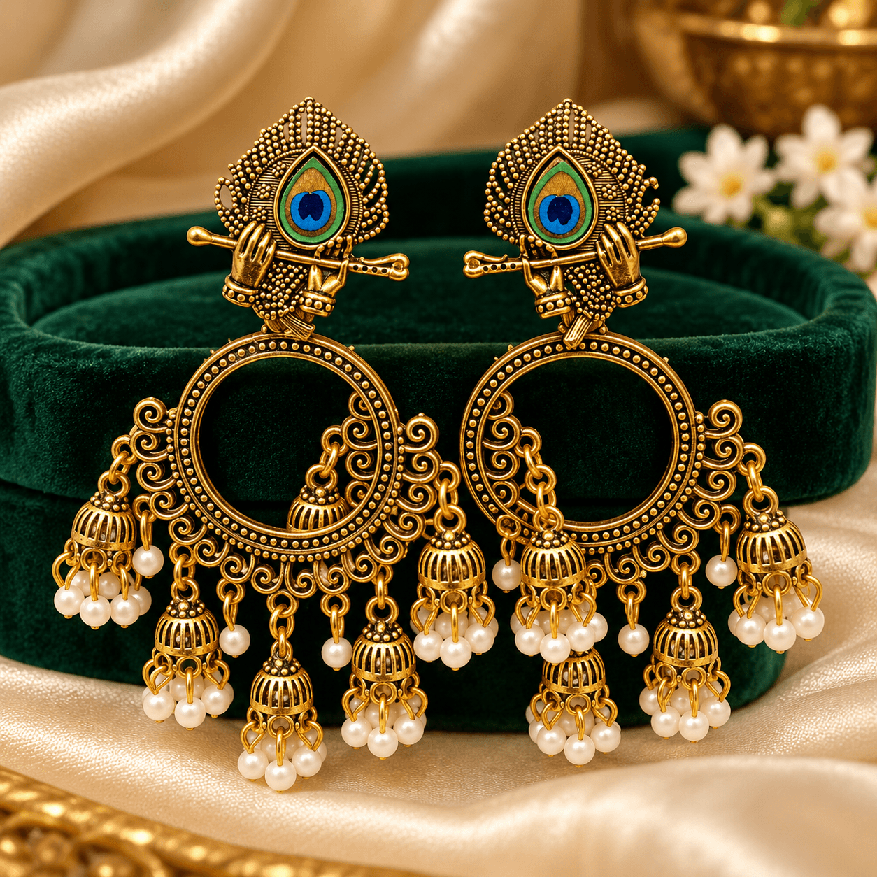 Peacock Feather Inspired Gold-Tone Jhumka Earrings with Pearl Drops