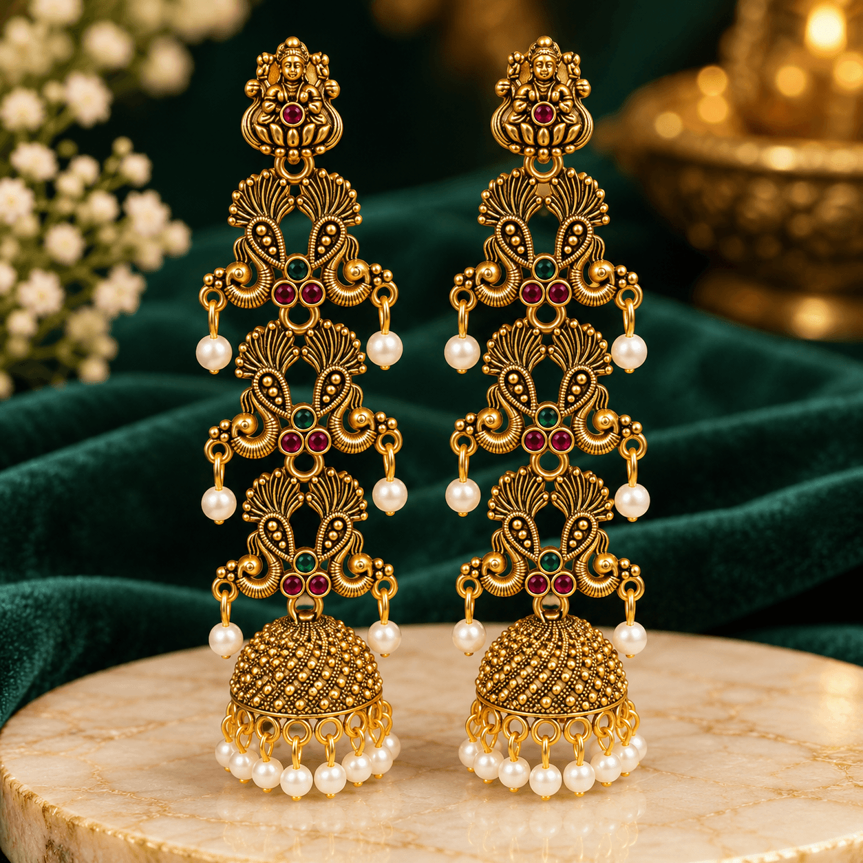 Traditional Gold-Tone Multicolor Stone Jhumka Earrings with Pearl Drops for Women