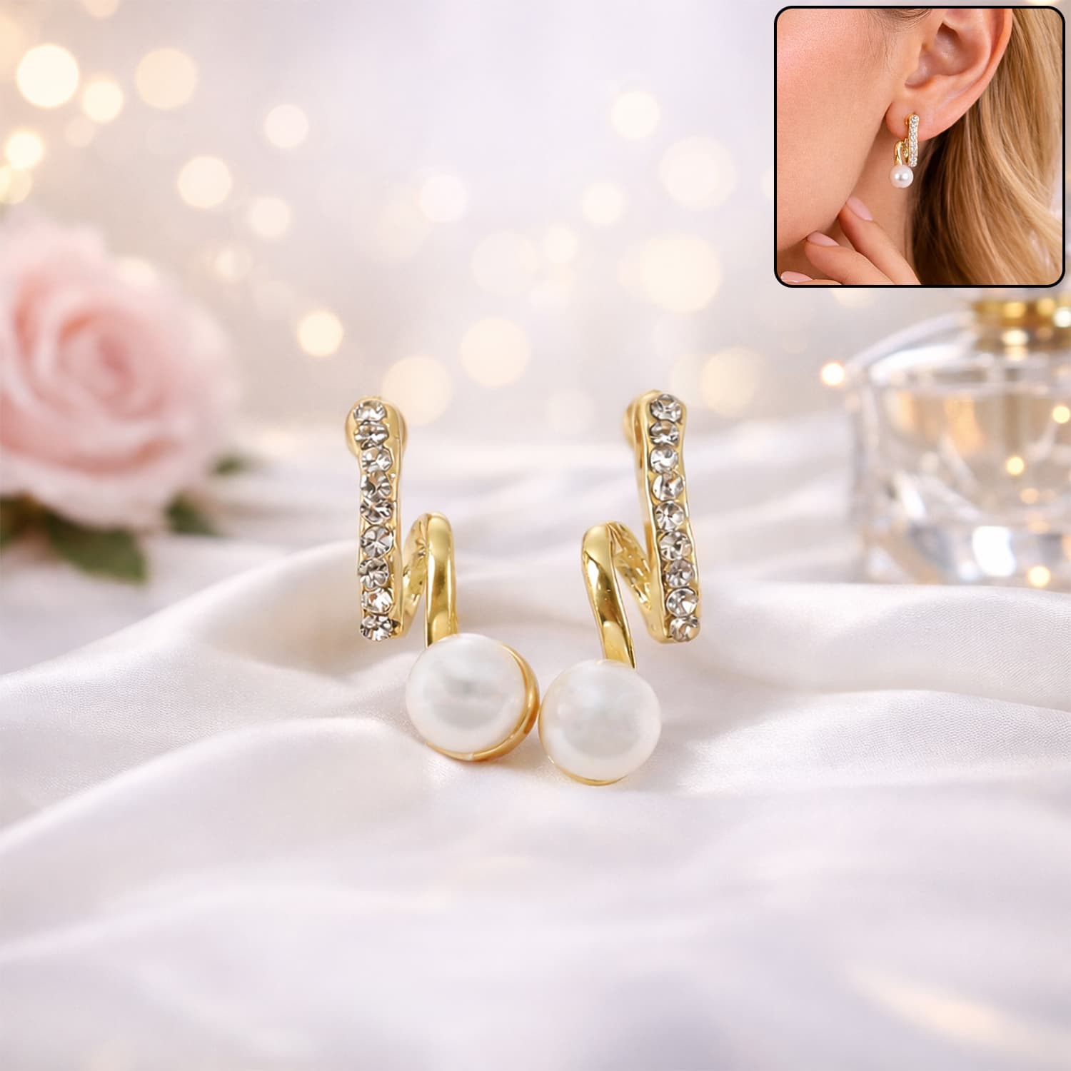 Korean Elegant Pearl Drop & Crystal Bar Earrings for Women | Gold-Tone Fashion Jewellery
