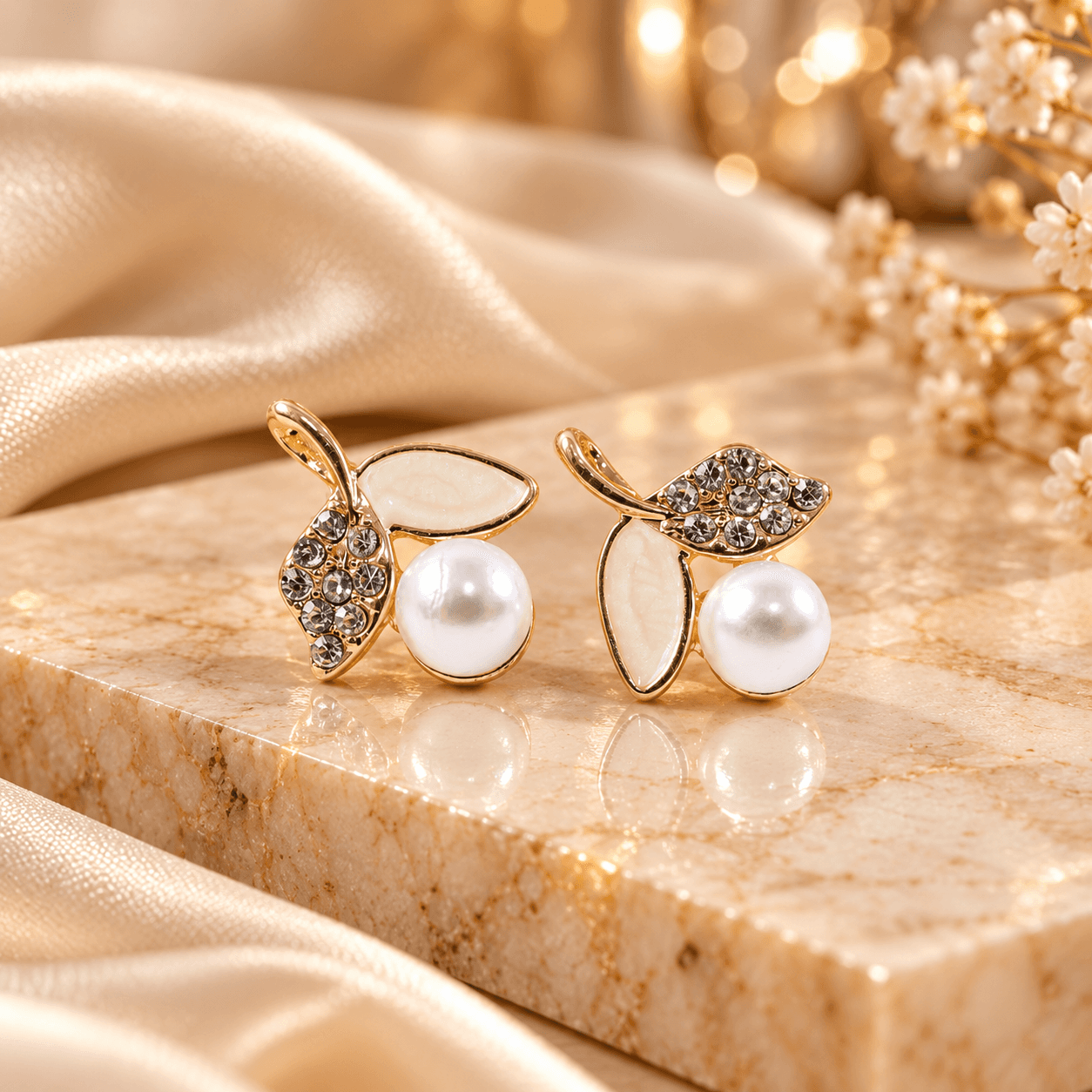 Elegant Pearl & Crystal Leaf Stud Earrings for Women | Gold-Tone Fashion Jewellery