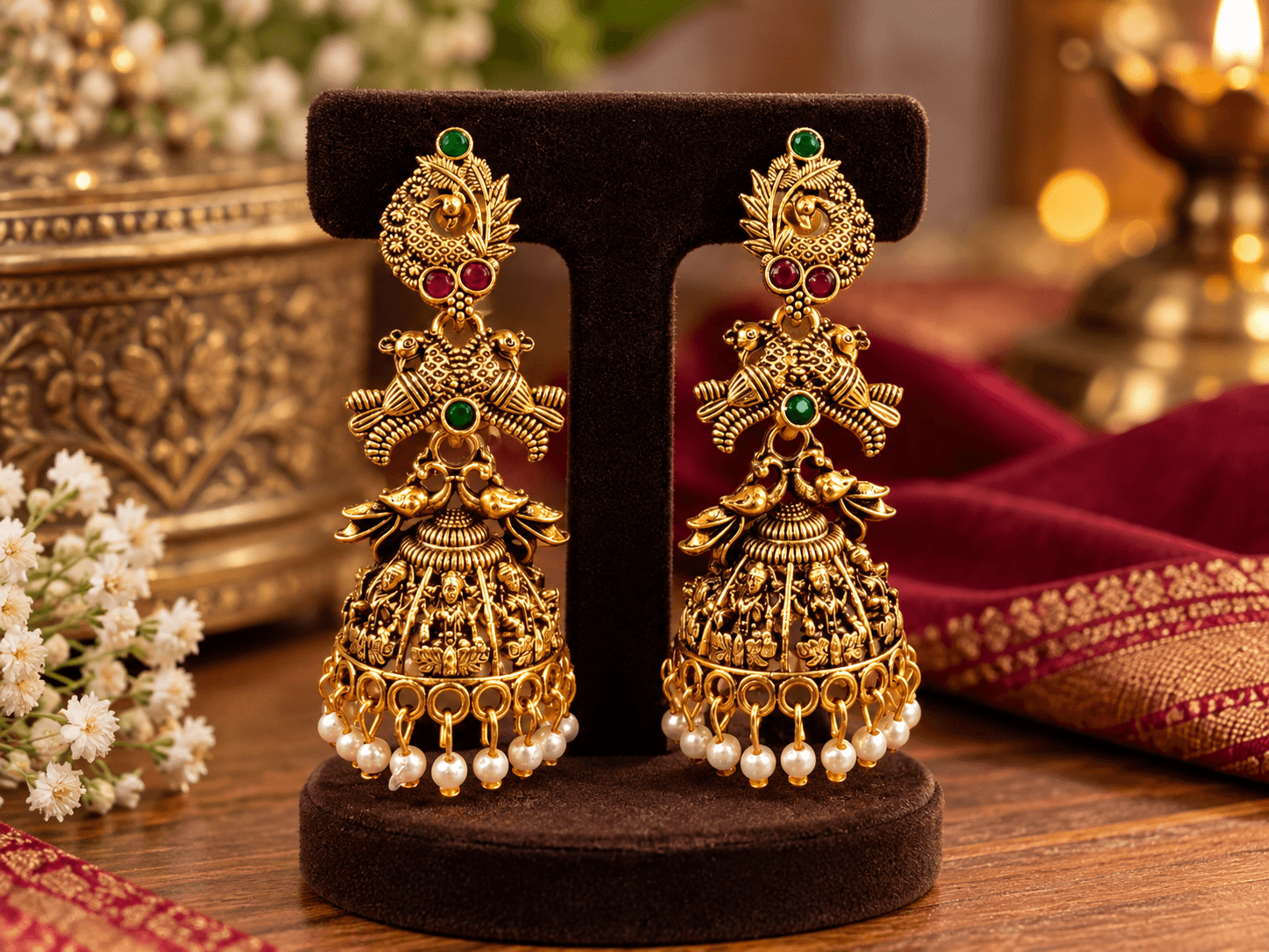 Traditional Antique Gold Tone Temple Jhumka Earrings for Women & Girls 