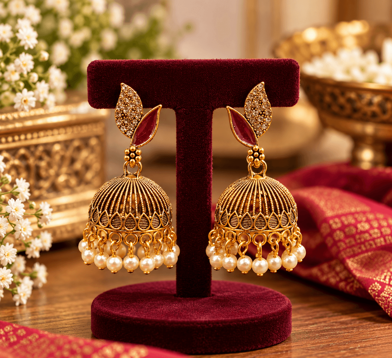 Traditional Gold Plated Jhumka Earrings for Women & Girls | Red Stone & Crystal Leaf Design