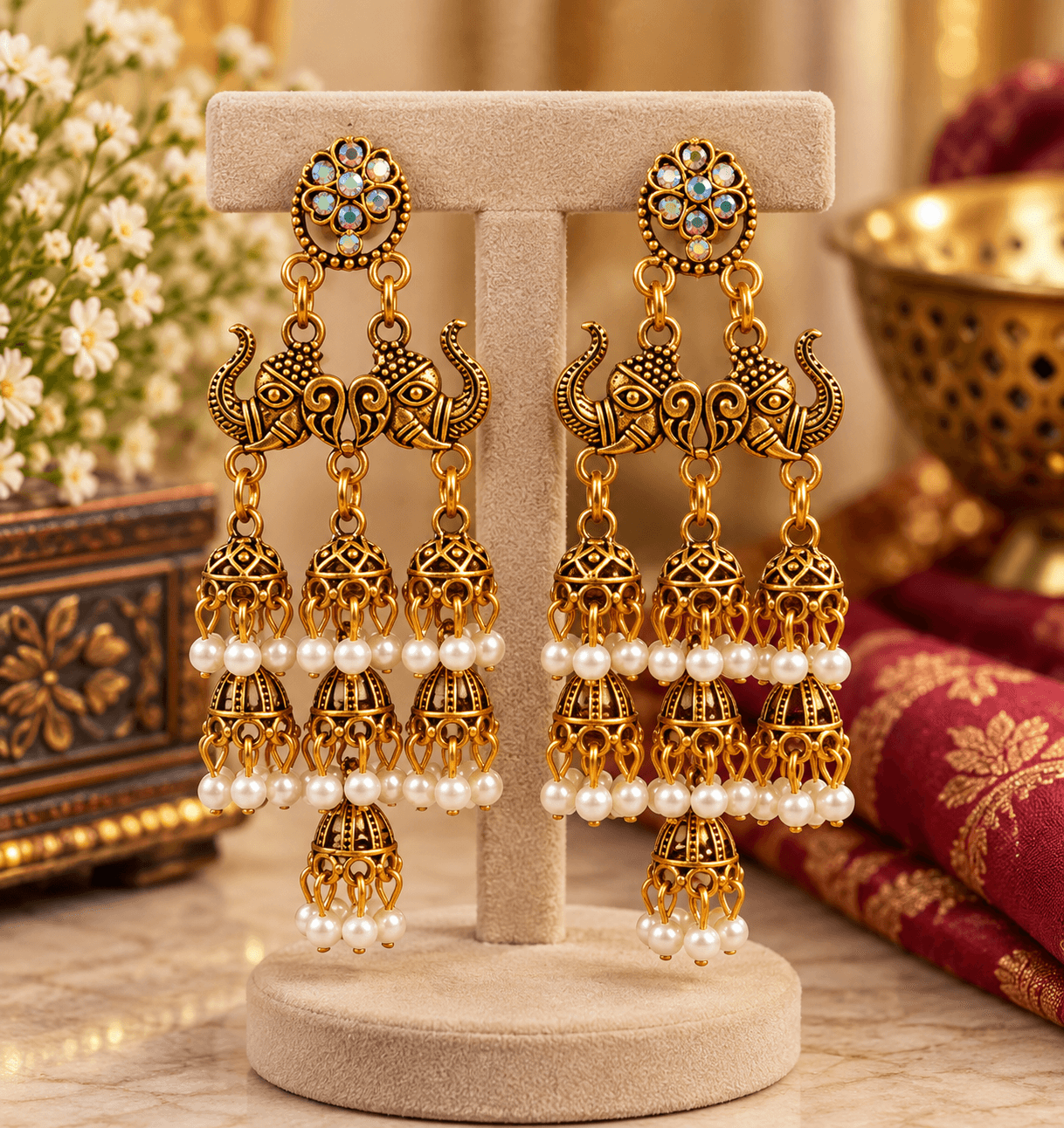 Traditional Antique Gold Elephant Jhumka Earrings for Women & Girls