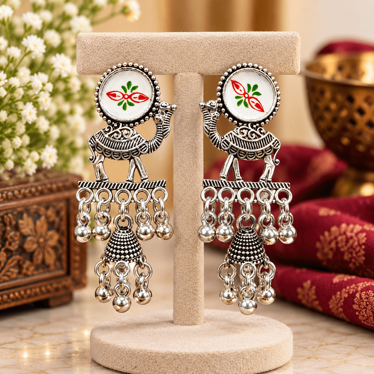 Red Green Floral Enamel Peacock Design Long Dangler Earrings with Beaded Detailin