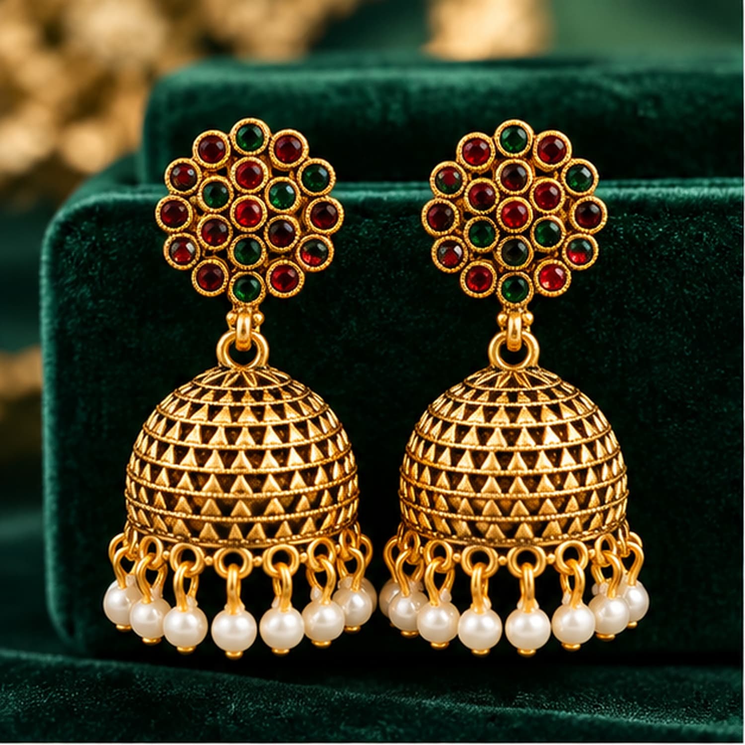 Traditional Gold Plated Multicolor Stone Jhumka Earrings with Pearl Drops for Women & Girls