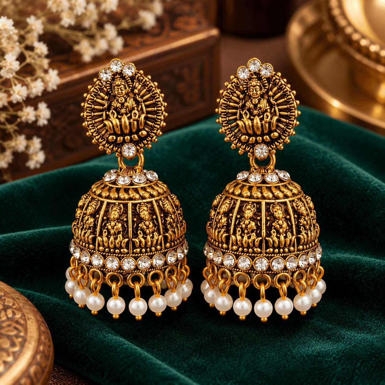  Antique Gold Temple Jhumka Earrings with Traditional Deity Design, Crystal Stones