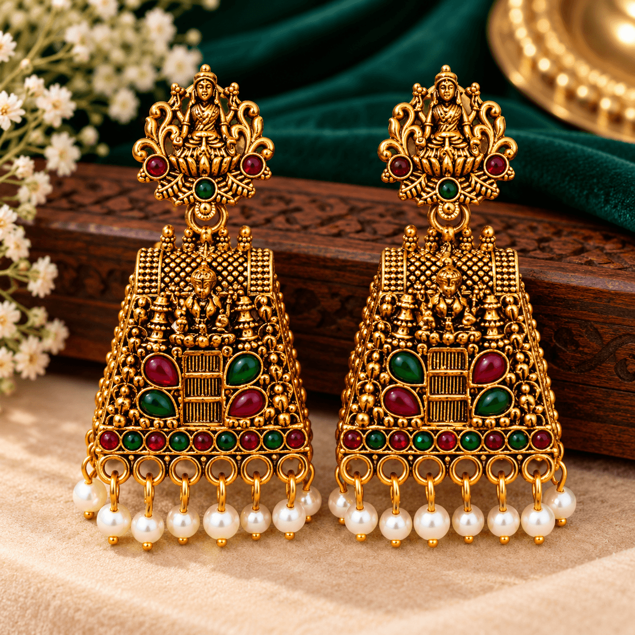 Antique Gold Temple Jhumka Earrings with Goddess Design, Red Green Stone Work 