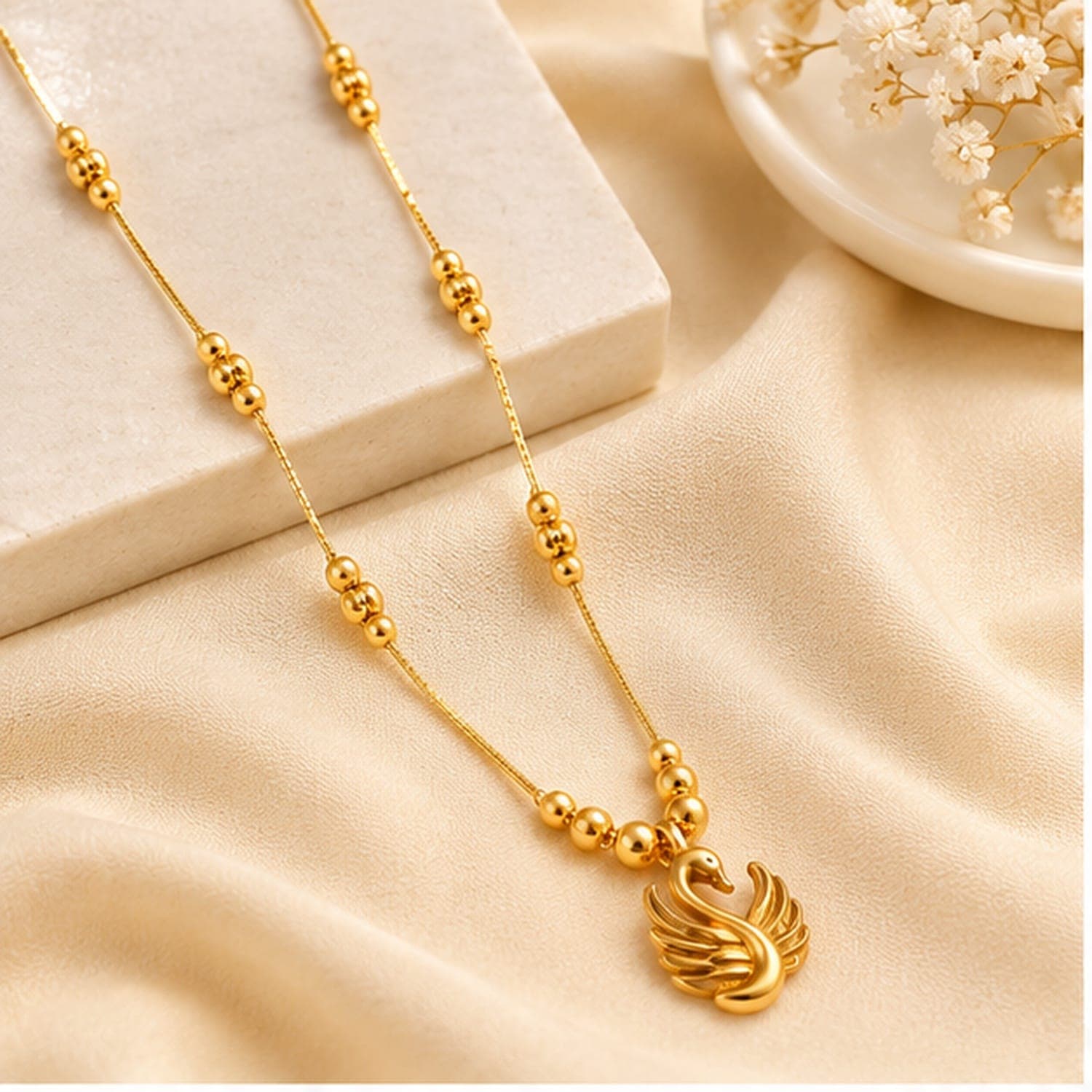 Elegant Golden Swan Pendant Necklace for Women & Girls | Stylish Gold-Tone Beaded Chain Jewellery
