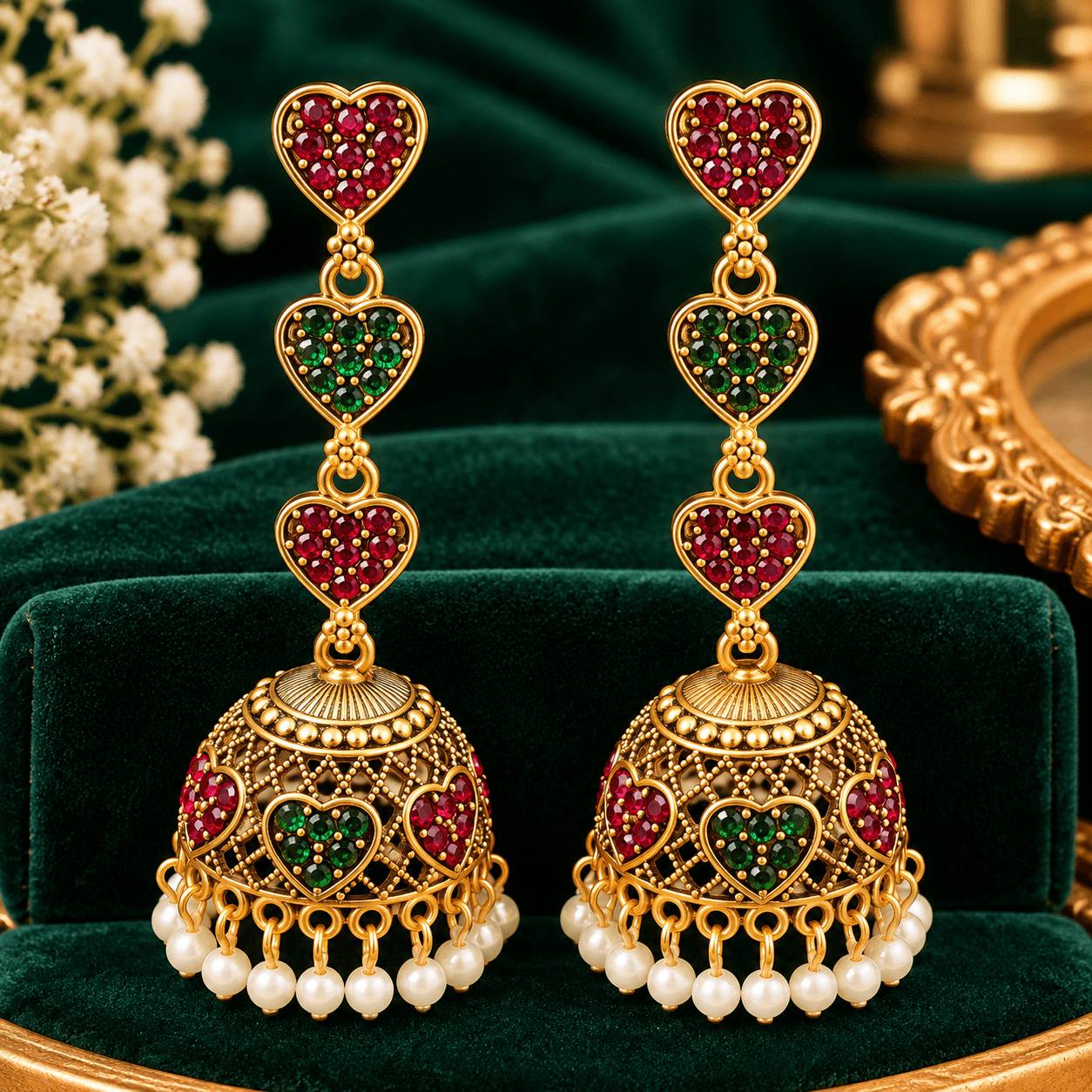 Traditional Gold Tone Heart Design Jhumka Earrings for Women & Girls with Red Green Stone