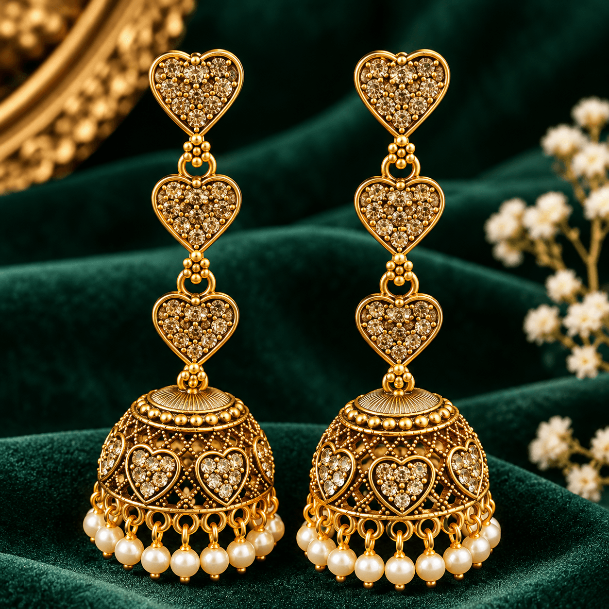 Gold Tone Heart Design Jhumka Earrings for Women & Girls | Crystal Stone Studded Long Earrings 