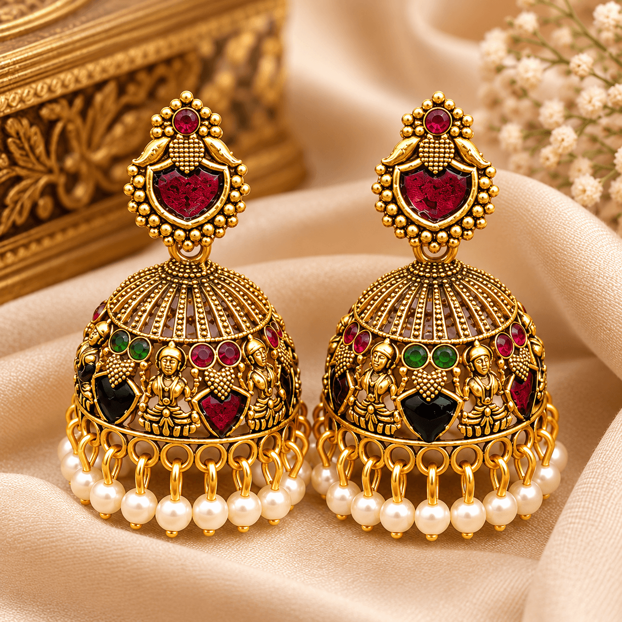 Traditional Gold-Tone Multicolor Stone Jhumka Earrings with Pearl Drops for Women & Girls