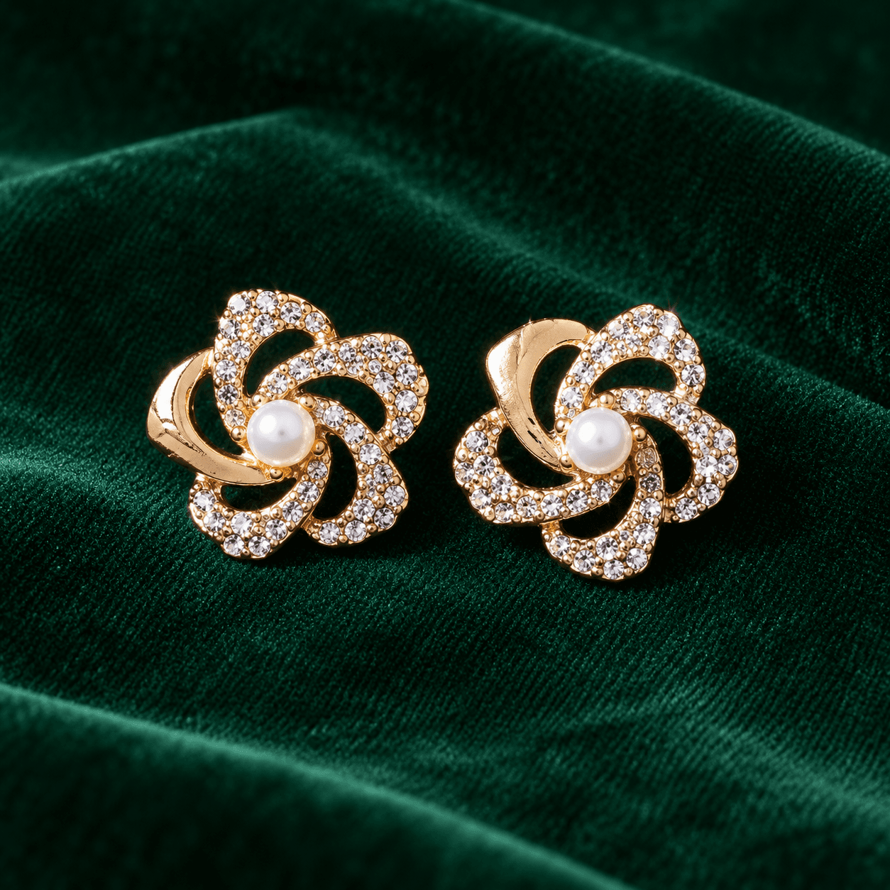Gold Plated Floral Pearl Stud Earrings for Women & Girls | American Diamond Crystal Flower Earrings 