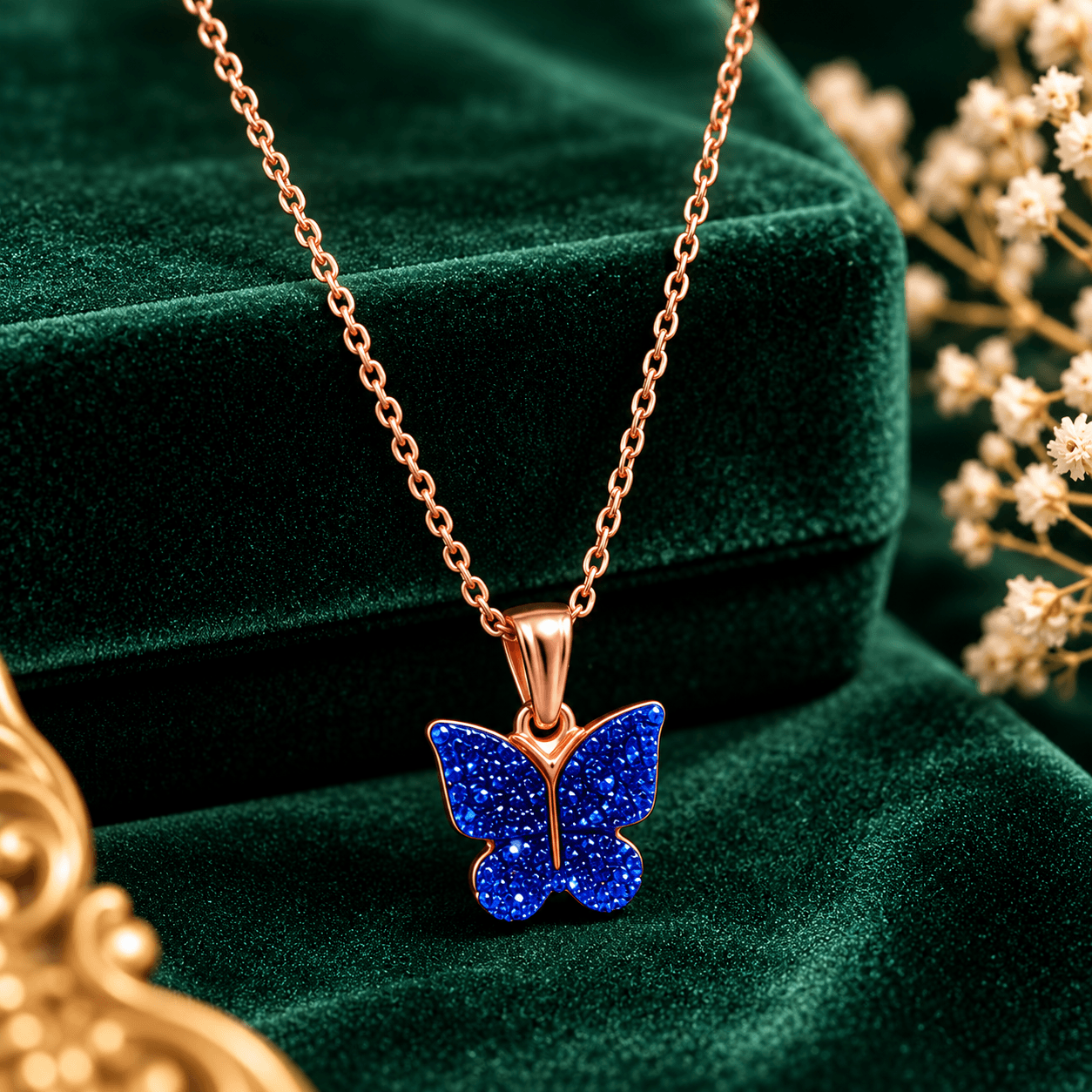 Elegant Blue Butterfly Pendant Necklace for Women & Girls | Rose Gold Tone Chain Sparkling Butterfly