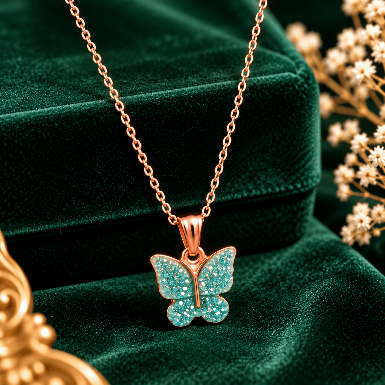 Elegant Rose Gold Plated Butterfly Pendant Necklace with Blue Crystal  for Women & Girls