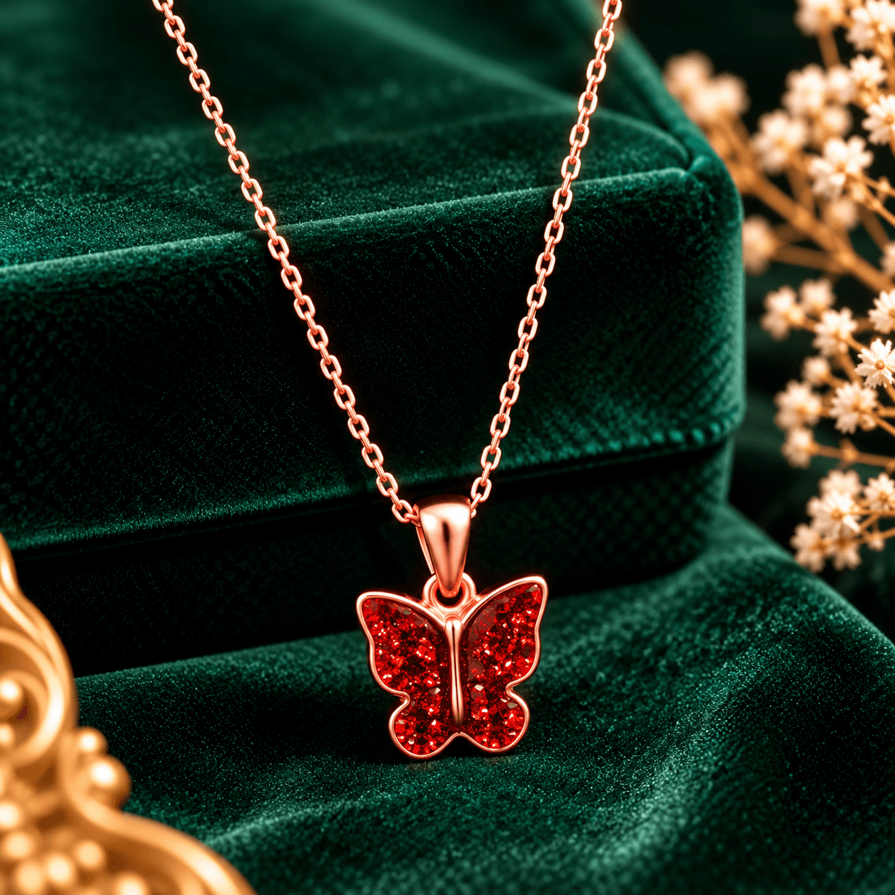 Elegant Red Butterfly Pendant Necklace for Women | Rose Gold Finish Stylish Chain Necklace