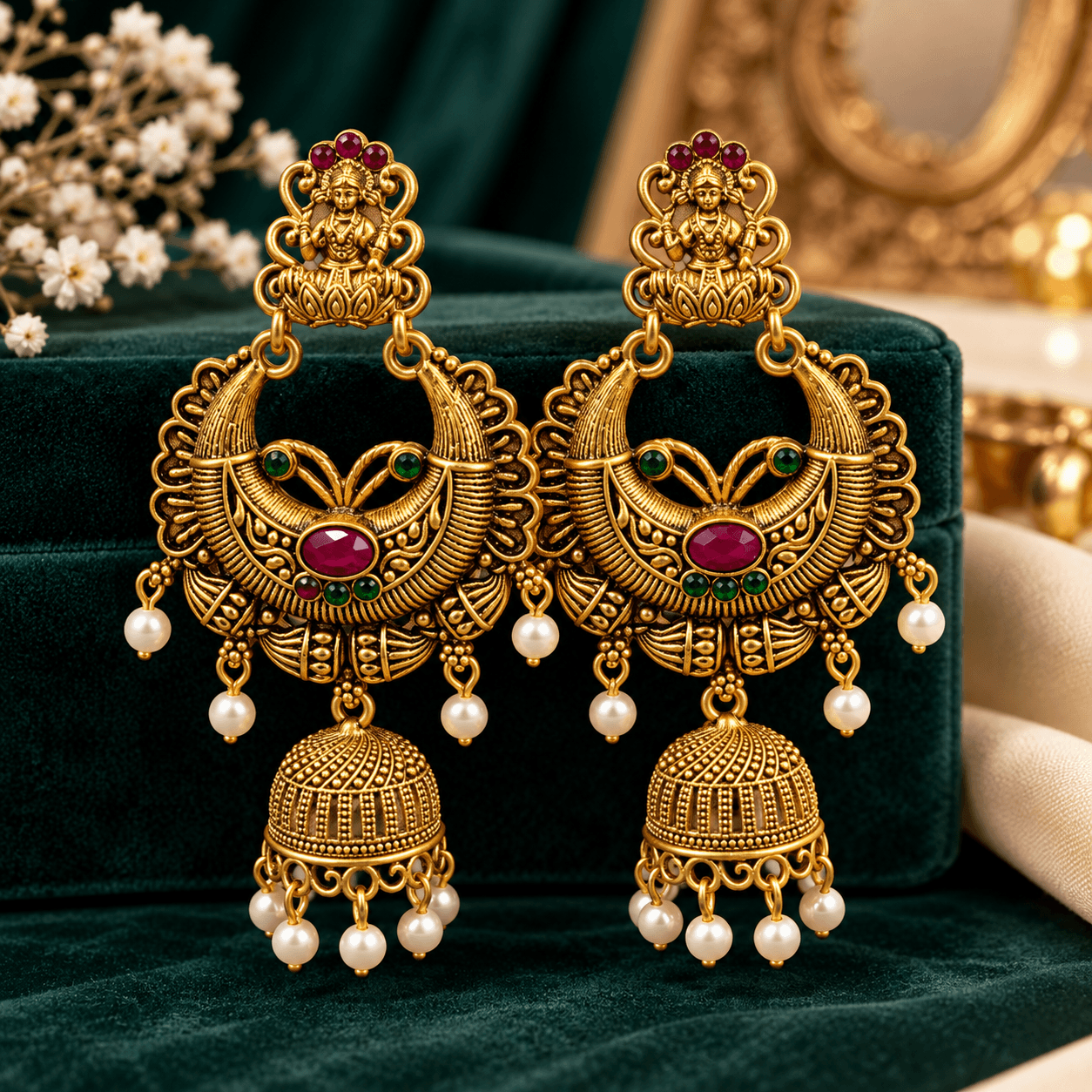 Antique Gold Plated Traditional Temple Jhumka Earrings with Red Green Stones Pearl Drops 