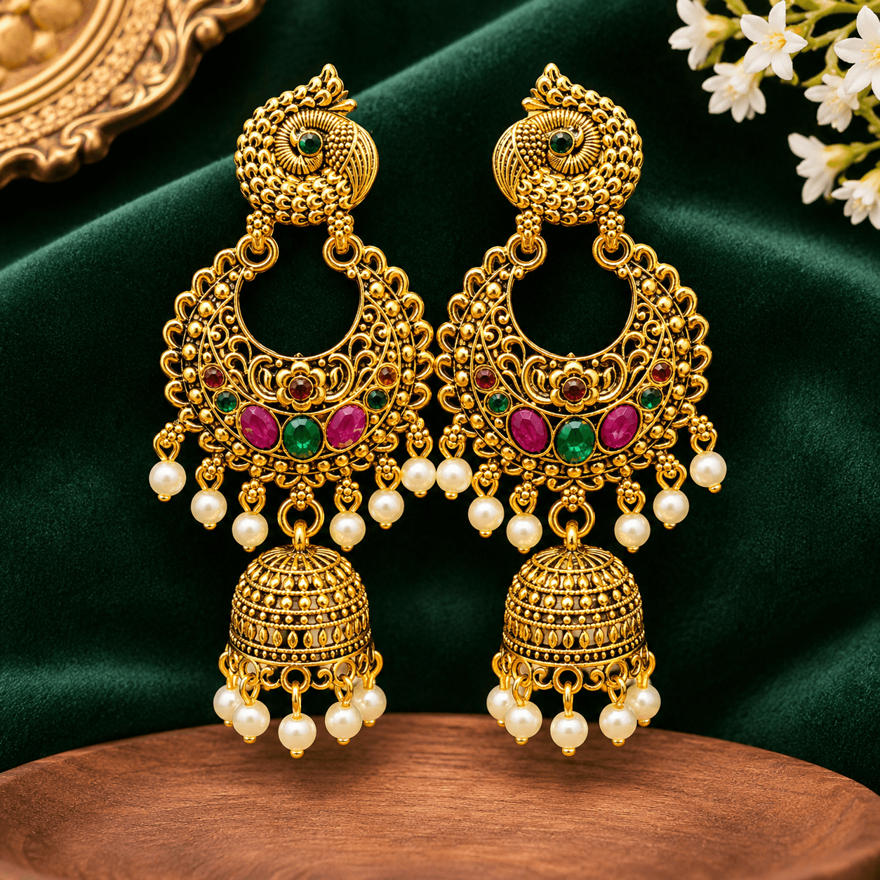 Traditional Gold-Tone Kundan Style Chandbali Jhumka Earrings for Women with Multicolor Stones 