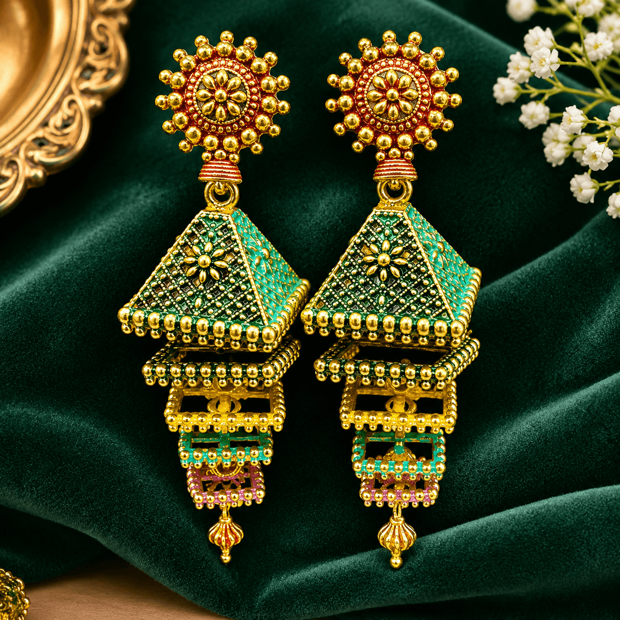 Traditional Green Meenakari Jhumka Earrings for Women – Gold-Tone Temple Style Long Drop Earrings