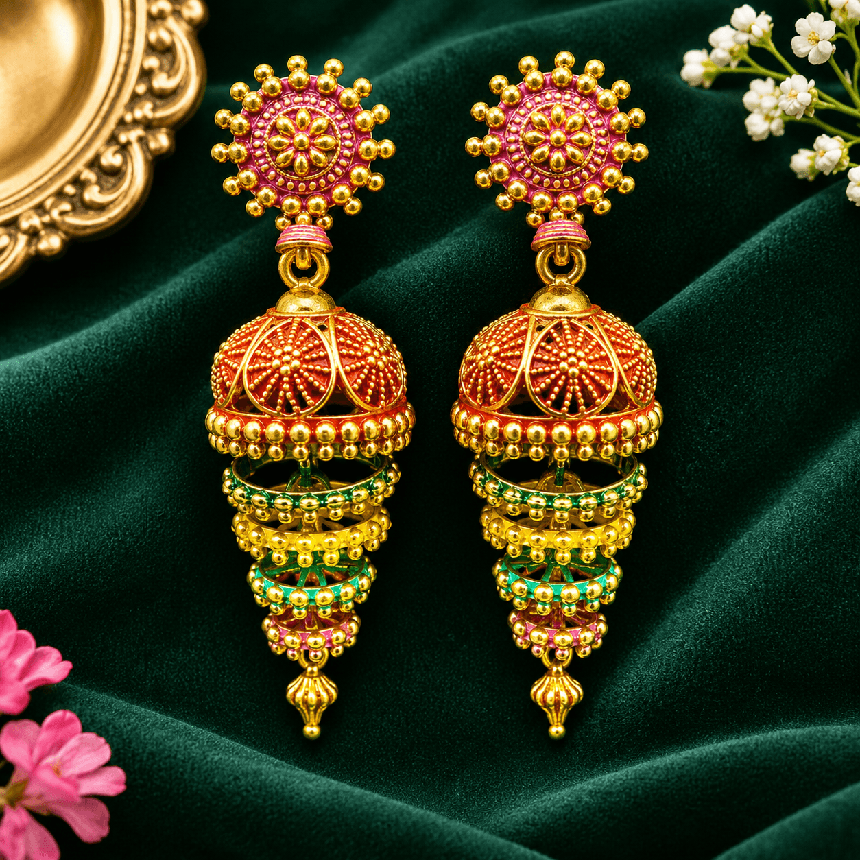Traditional Multicolor Jhumka Earrings for Women – Gold-Tone Filigree Dome Earrings 