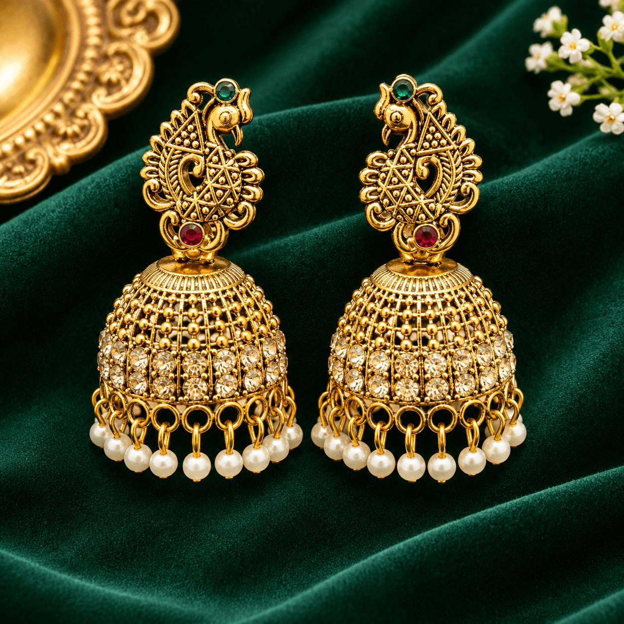 Traditional Peacock Design Jhumka Earrings for Women – Gold-Tone Kundan Style Dome Earrings