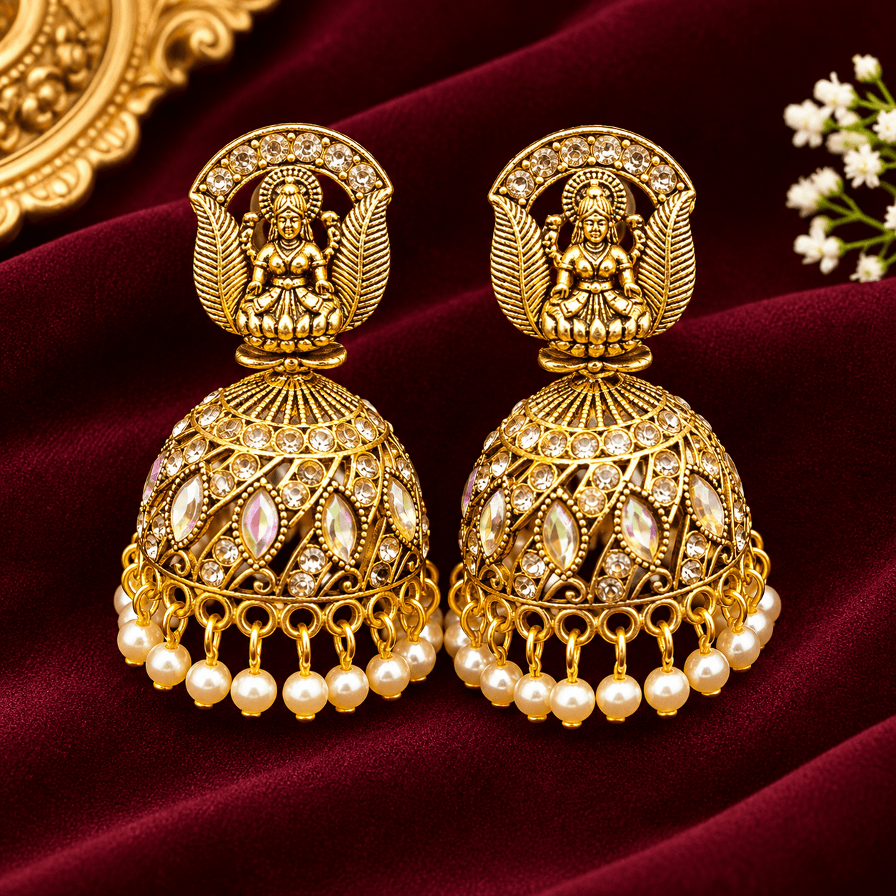 Traditional Goddess Design Jhumka Earrings for Women – Antique Gold-Tone Temple Jewellery
