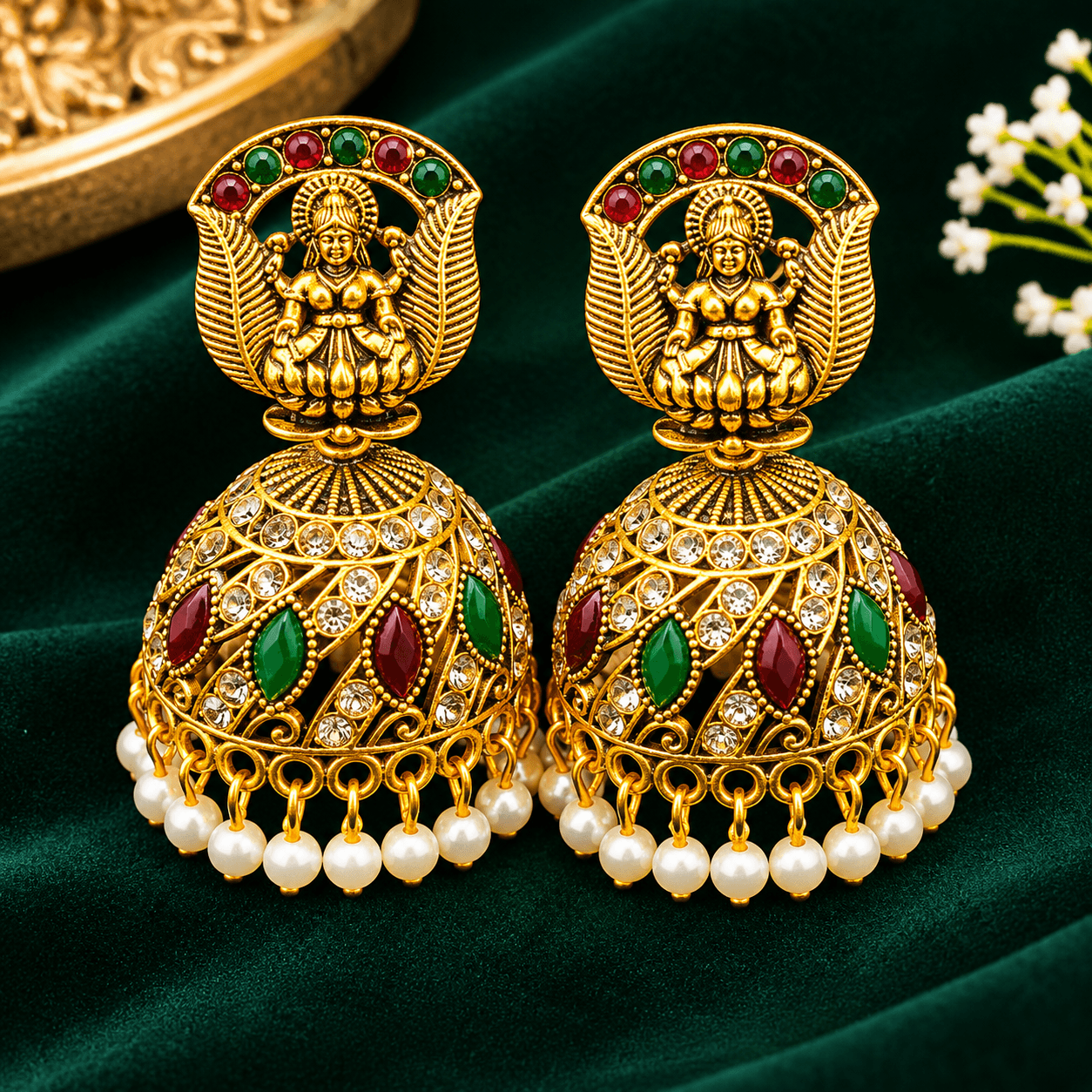 Traditional Goddess Design Jhumka Earrings for Women with Red Green Stones and Pearl Drops