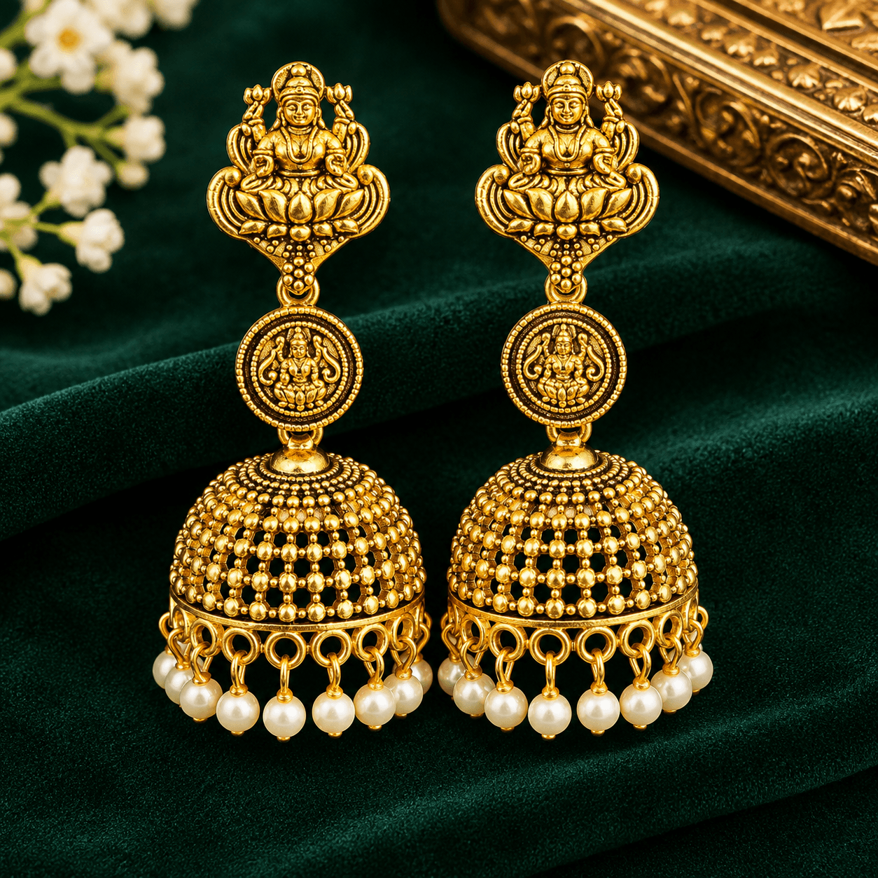 Traditional Godess Design Jhumka Earrings for Women – Antique Gold-Tone Temple Jewellery
