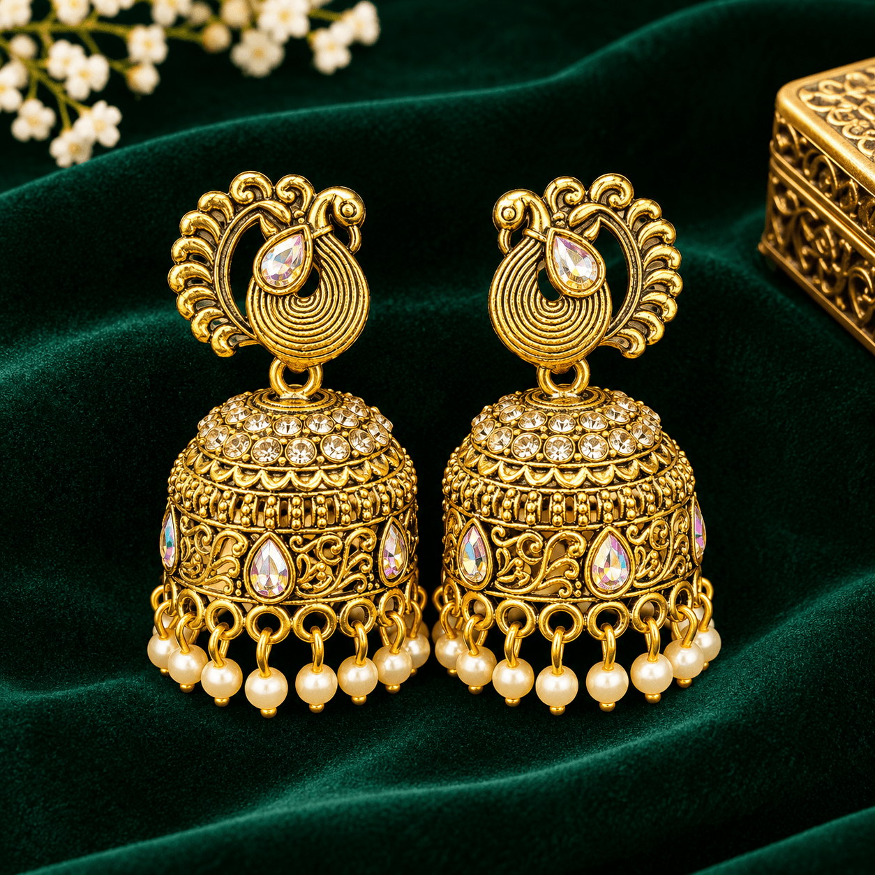 Traditional Peacock Design Gold-Tone Jhumka Earrings for Women with Multicolor Stones 