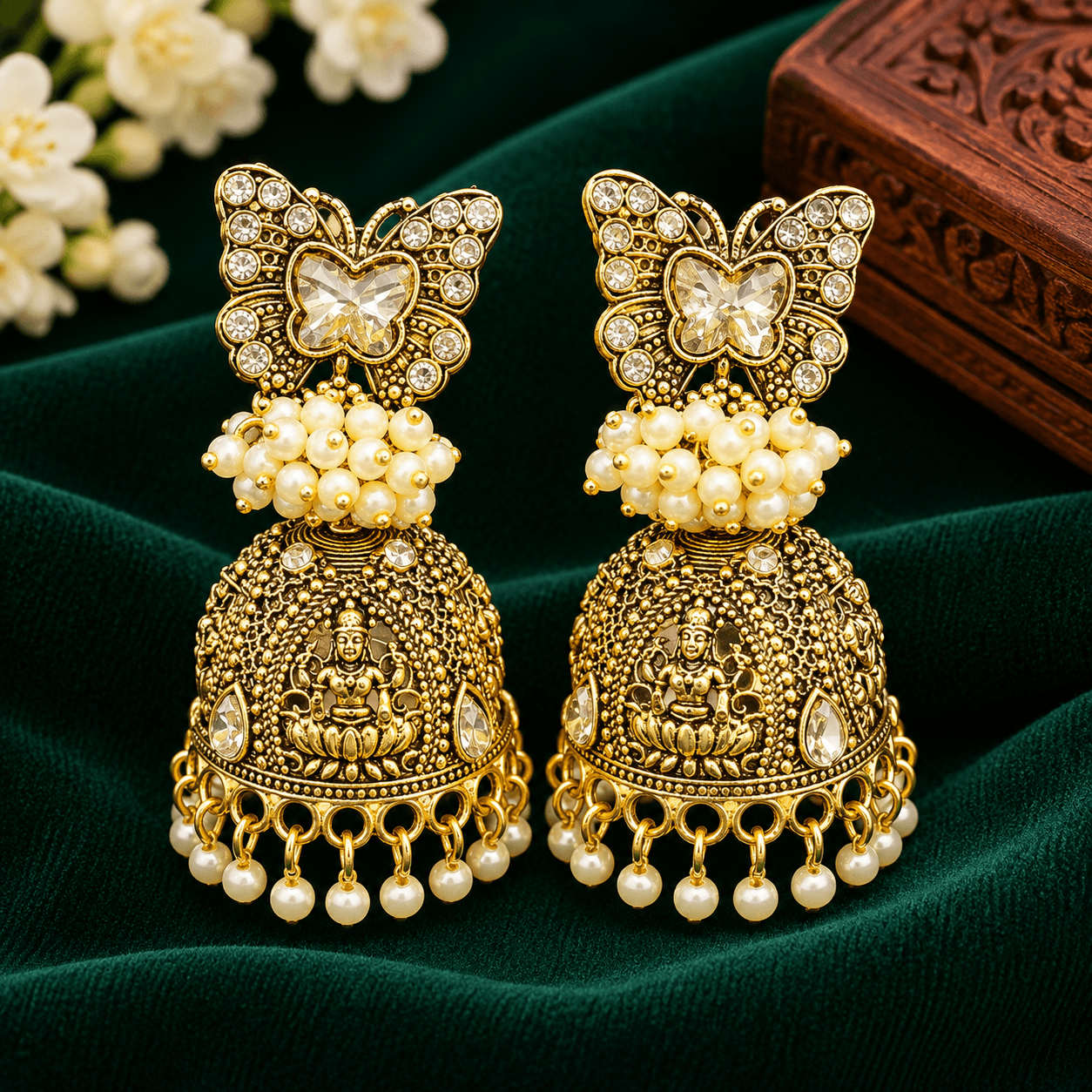 Butterfly Design Gold-Tone Jhumka Earrings for Women with Pearl Beads and Stone Embellishments