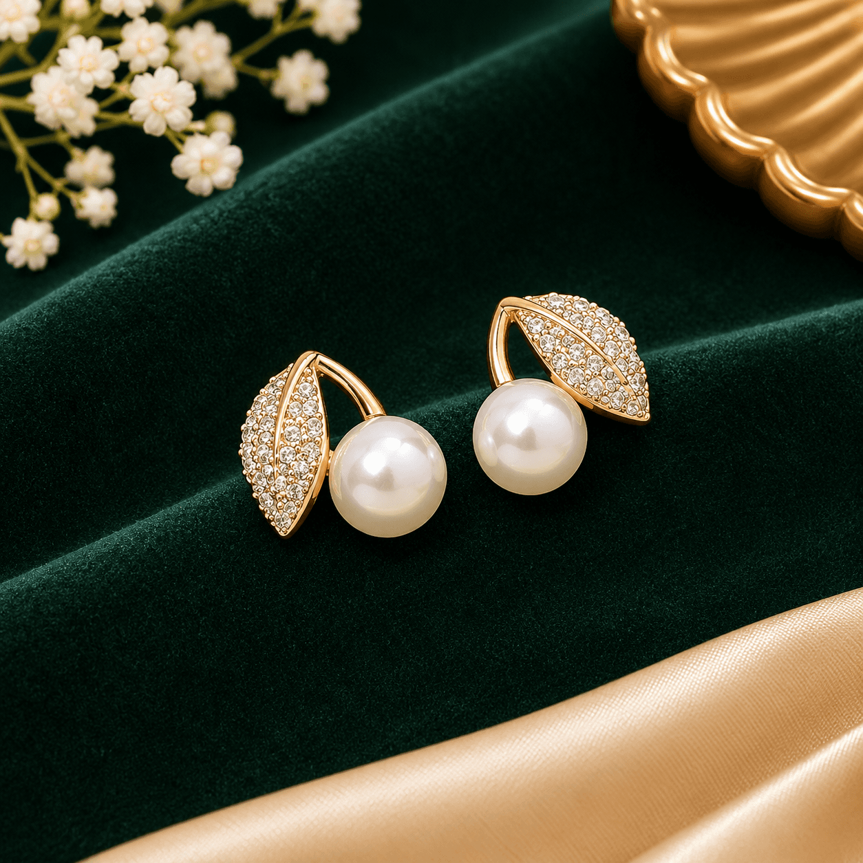 Gold-Tone Leaf Design Pearl Drop Earrings for Women with Sparkling Stone Detailing 