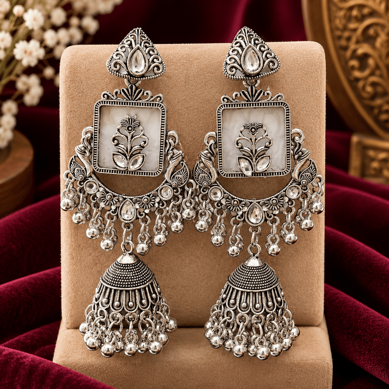  Women's Oxidised Silver Floral Chandbali Jhumka Earrings with Stone Detailing and Hanging Beads