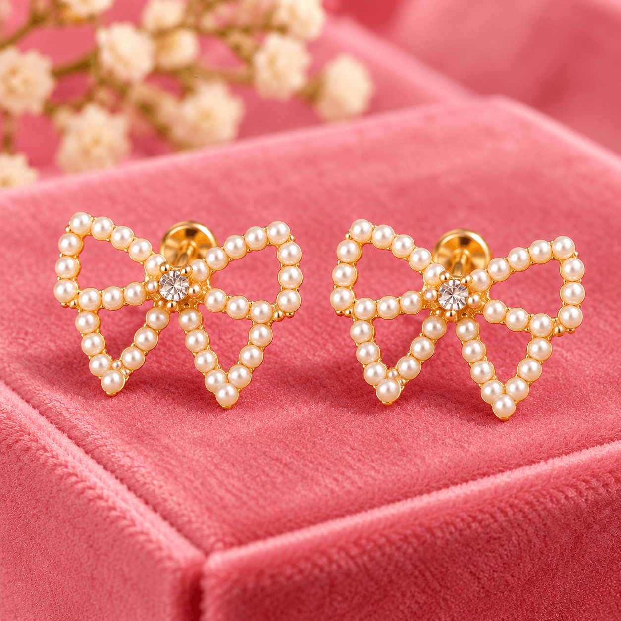 Women's Pearl Bow Stud Earrings with Gold-Tone Detailing and Sparkling Center Stone