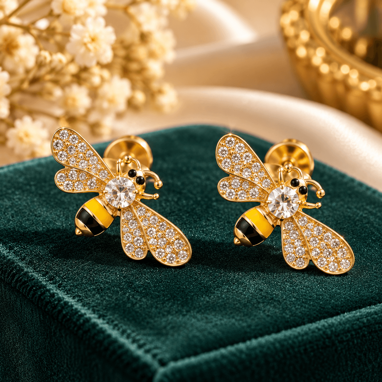 Women's Gold-Tone Bee Stud Earrings with Sparkling Crystal Wings and Black Yellow Detailing