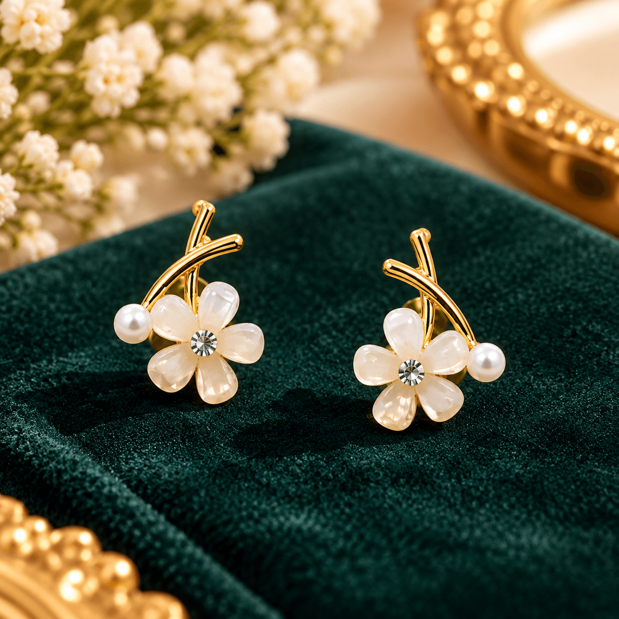 Women's Gold-Tone Floral Pearl Stud Earrings with Crystal Center and Elegant Leaf Design