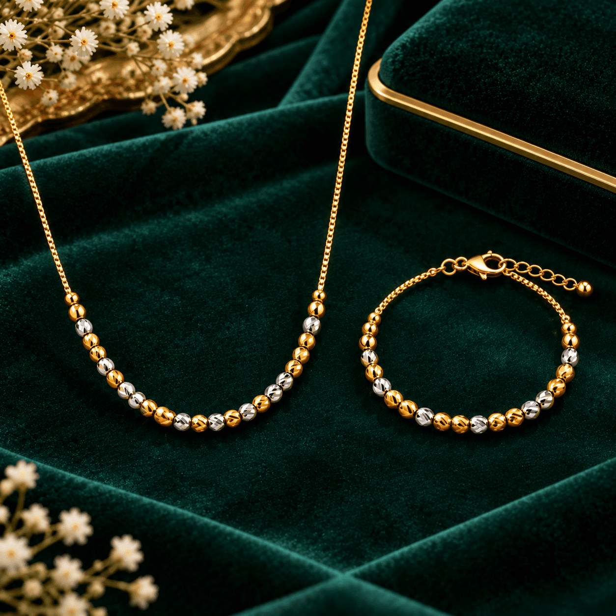 Women's  Anti Tarnish Gold and Silver-Tone Beaded Necklace and Matching Bracelet Set