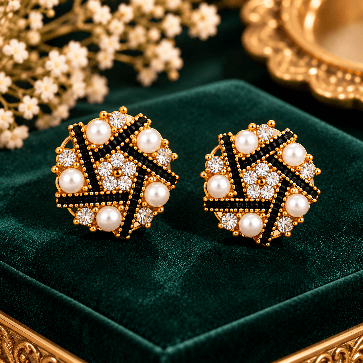 Women's Gold-Tone Black Geometric Stud Earrings with Pearl and Crystal Detailing